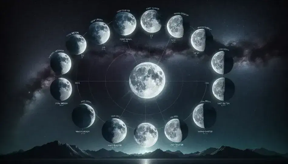 Cielo notturno stellato con sequenza orizzontale delle fasi lunari da luna nuova a piena, riflessi su superficie acquatica e silhouette montagne.