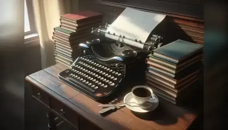 Scrivania in legno scuro con macchina da scrivere antica, fogli bianchi, libri rilegati, caffè fumante e pianta verde sullo sfondo.