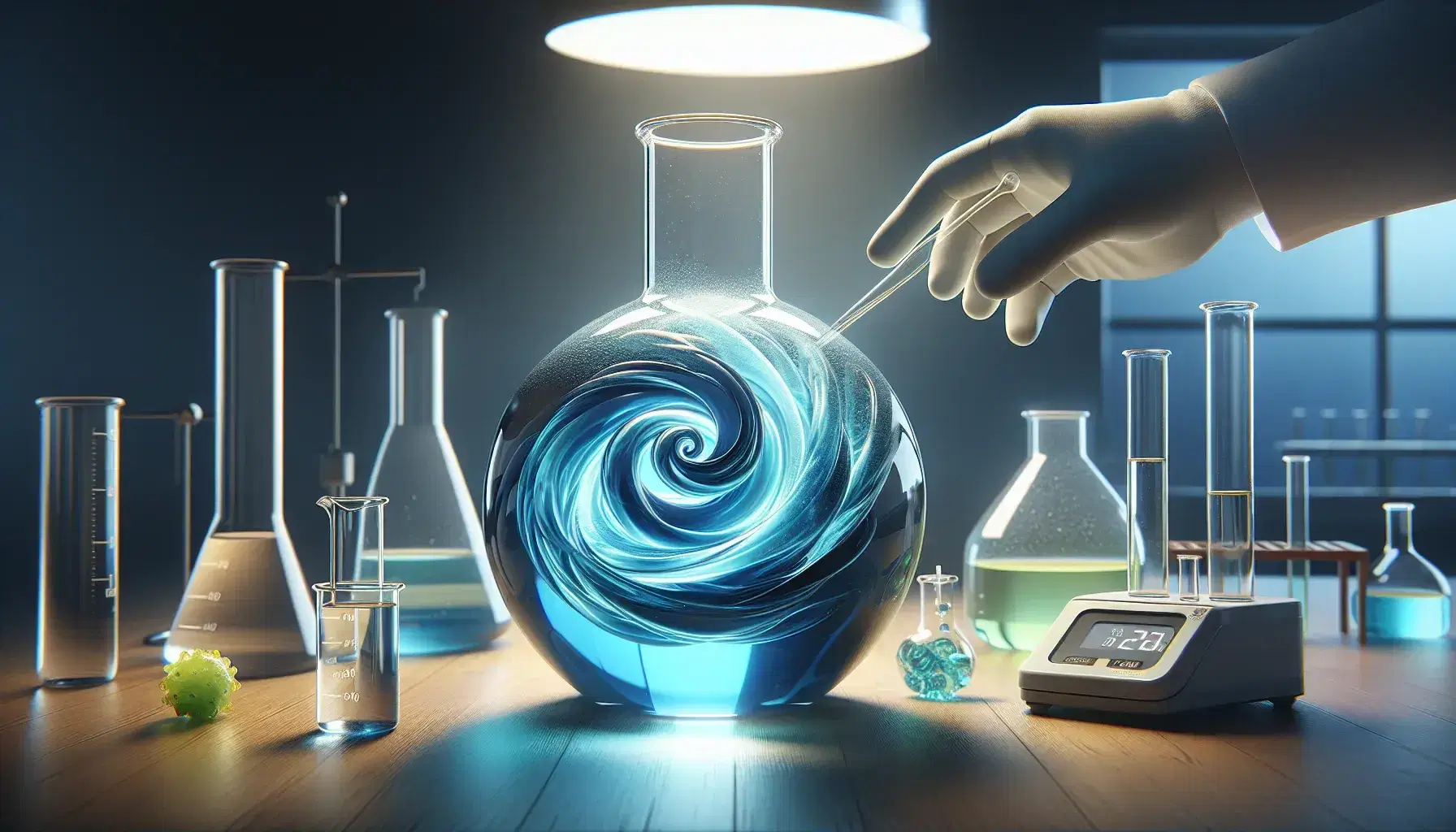 Glass bottle on laboratory bench with moving blue liquid, white glove, digital scale and various test tubes with colored solutions.