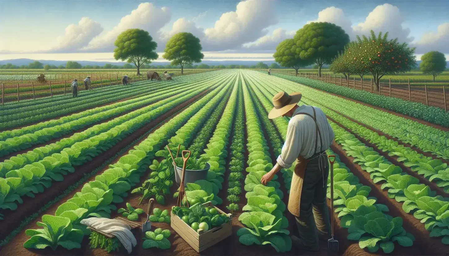 Agricoltore in cappello raccoglie verdure in campo coltivato con alberi da frutto e attrezzi manuali, sotto cielo azzurro con nuvole sparse.