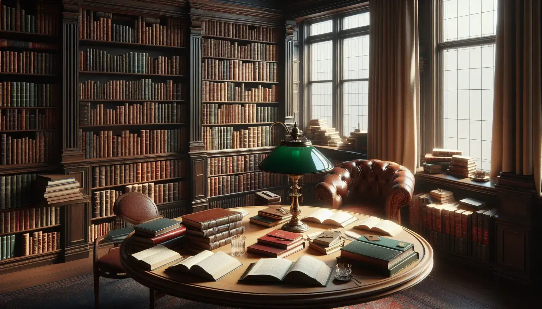 Biblioteca silenziosa con scaffali in legno scuro pieni di libri rilegati, tavolo ovale con libri aperti, lampada vintage e finestra con tende beige.