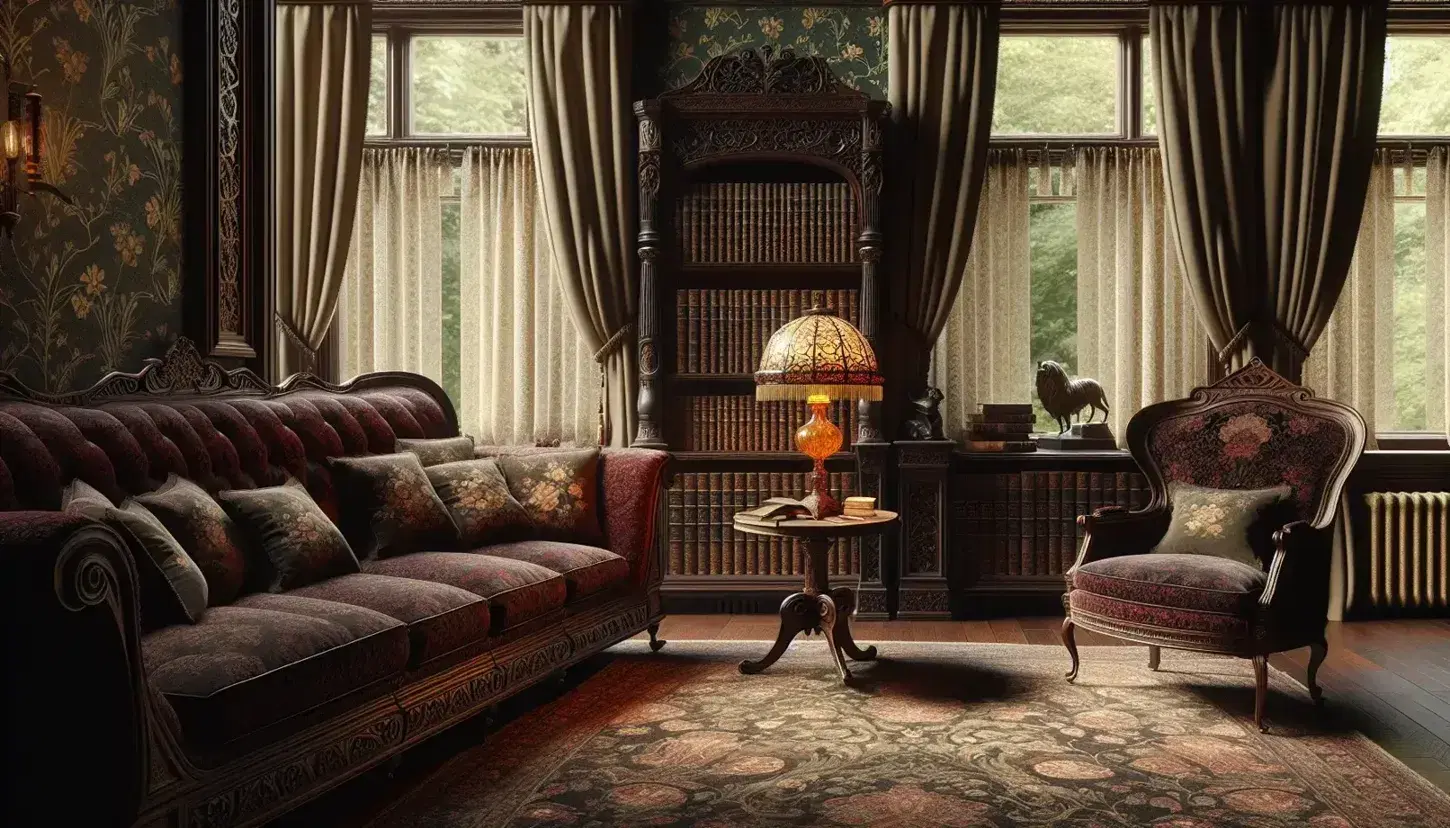 Salotto in stile Art Nouveau con divano rosso, libreria in legno scuro, lampada in vetro soffiato e servizio da tè in argento su tappeto persiano.