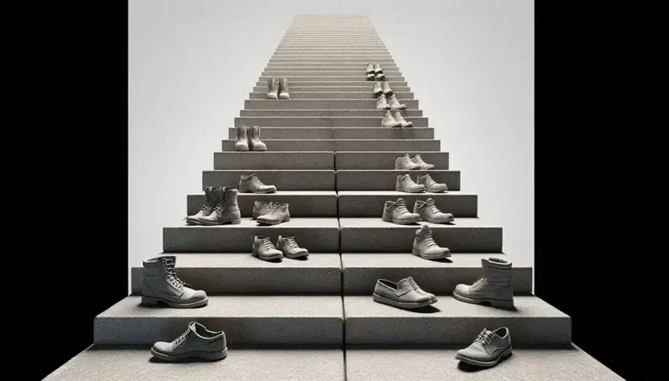Ascending stone staircase with varied pairs of shoes on each step, from worn work boots to elegant high heels, against a gradient backdrop.