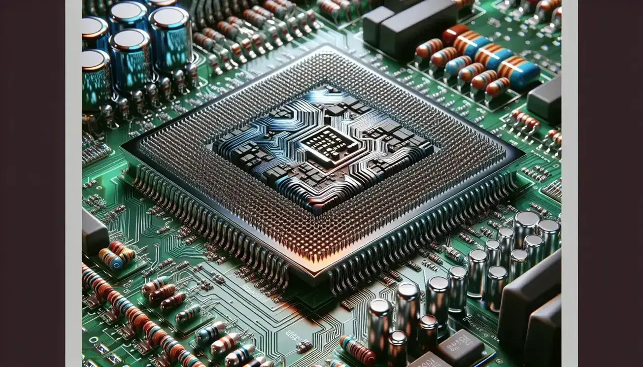 Close-up of a silicon microprocessor on green PCB with circuits, transistors, blue and orange capacitors and colored resistors.