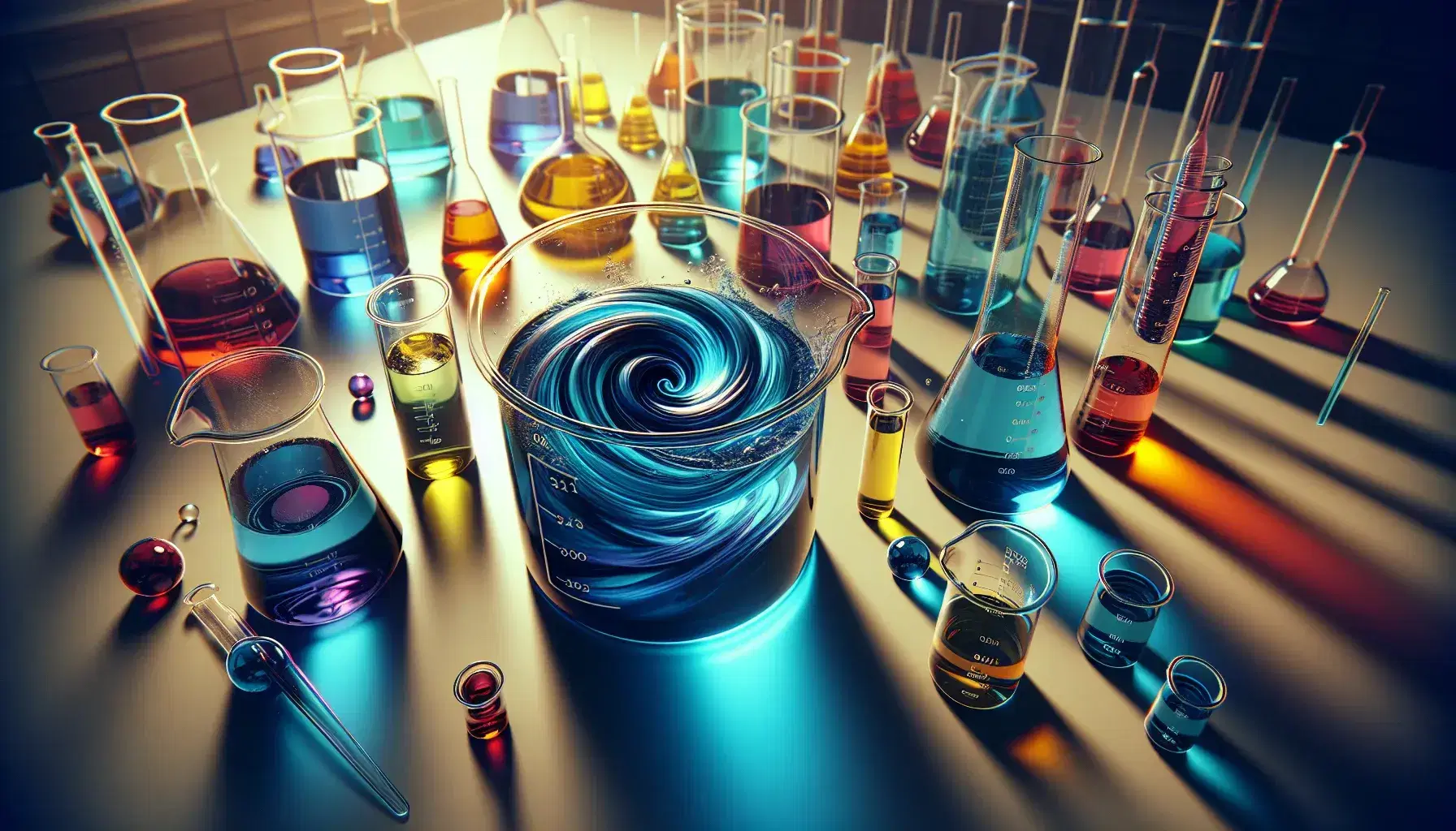 Laboratorio scientifico con provette di vetro contenenti liquidi colorati in agitazione e pipette su un tavolo chiaro.