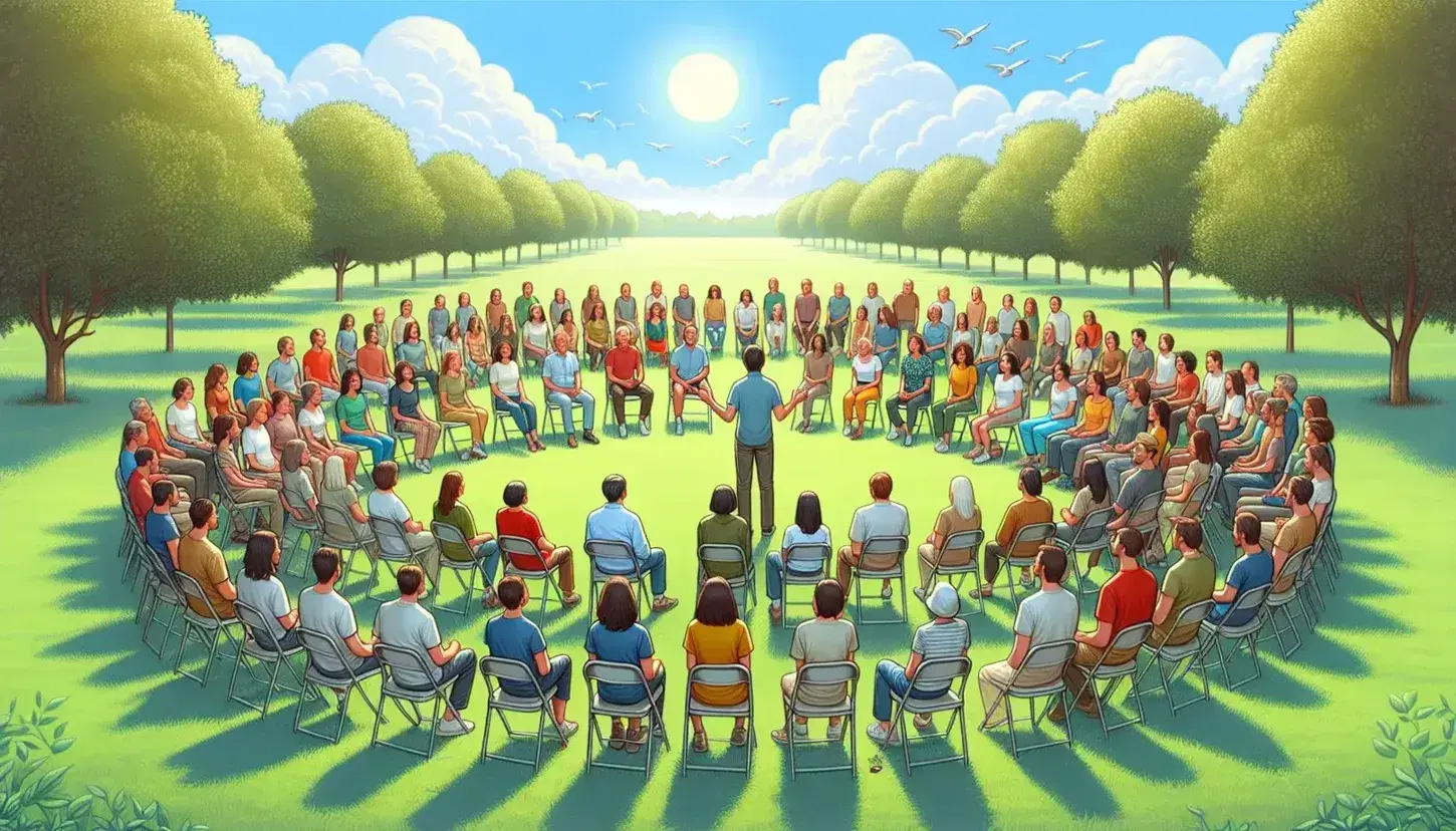 Grupo diverso de personas sentadas en semicírculo al aire libre enfocadas en un orador, en un día soleado con árboles verdes y cielo azul.