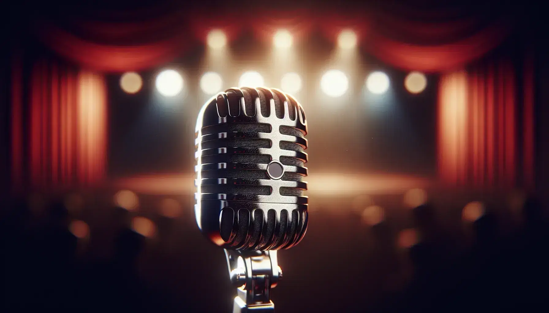 Vintage microphone with a polished silver finish stands prominently against a blurred stage-like background of warm, deep red and brown hues.