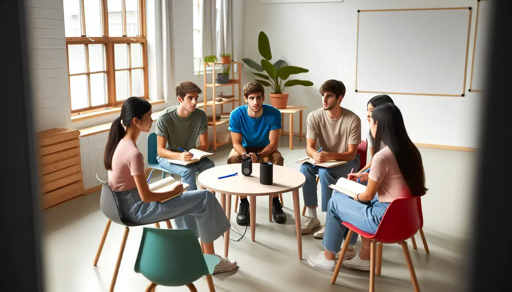 Estudiantes diversos sentados en círculo en aula iluminada discutiendo con cuadernos y grabadora en mesa, con pizarra y planta al fondo.