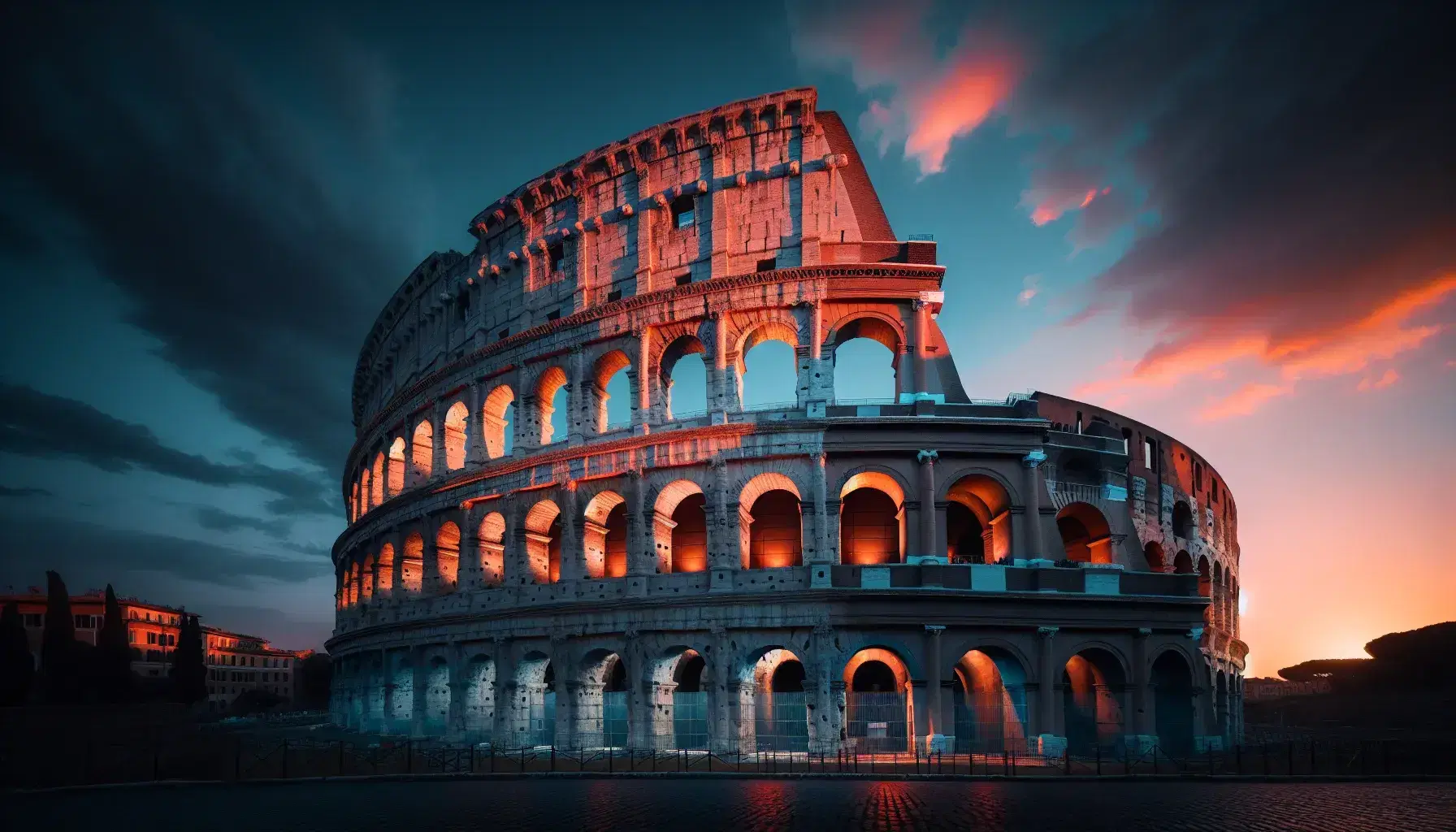 Colosseo al tramonto con cielo sfumato da blu a rosa, archi antichi in evidenza e silhouette di persone in primo piano che offrono prospettiva.