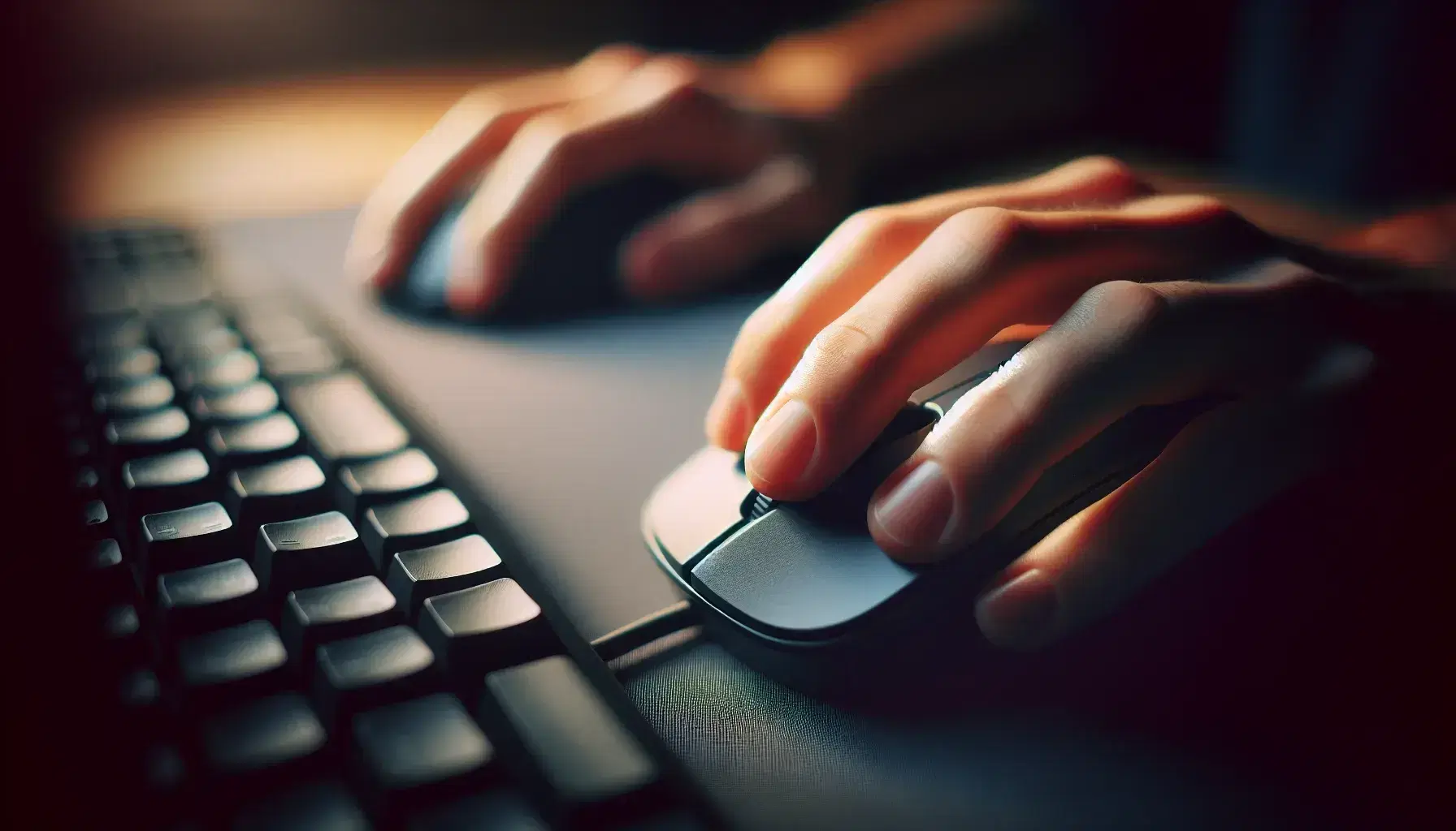 Close-up of a hand on a computer mouse, with index finger ready to click, on dark pad, blurred keyboard in background.
