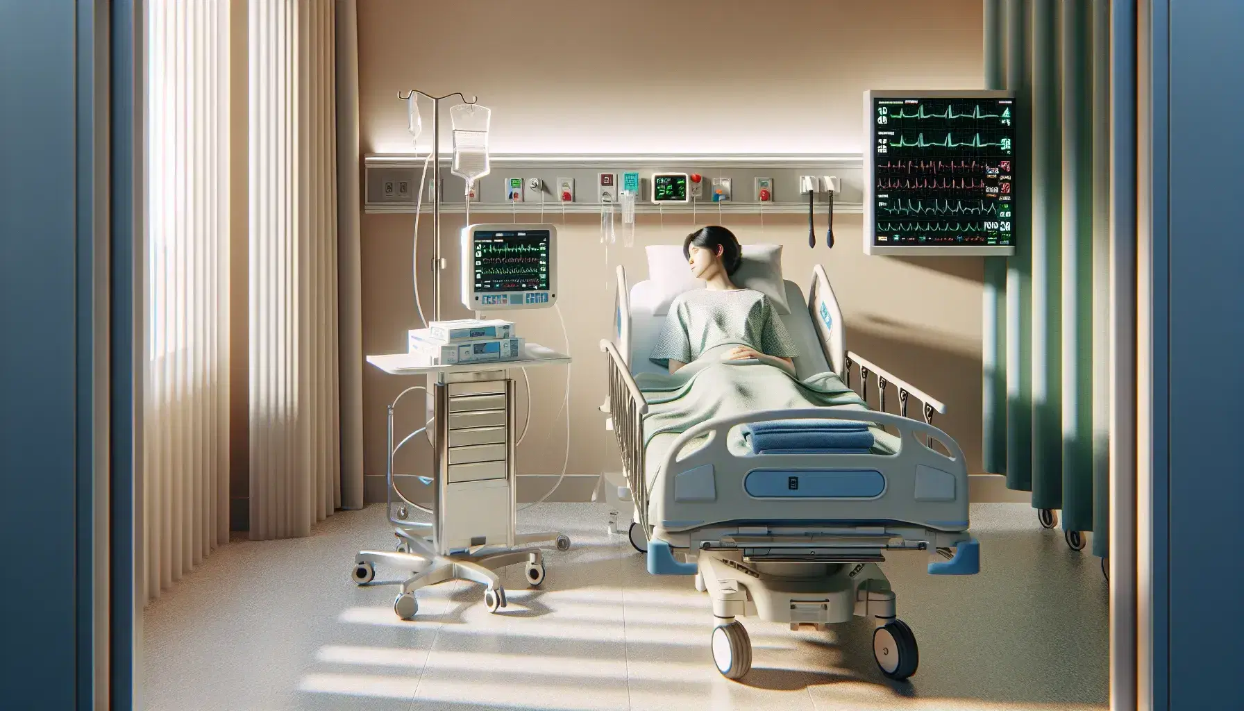 Habitación de hospital con paredes beige y suelo de baldosas blancas y grises, cama con paciente en bata verde, monitor médico y profesional de la salud atendiendo.