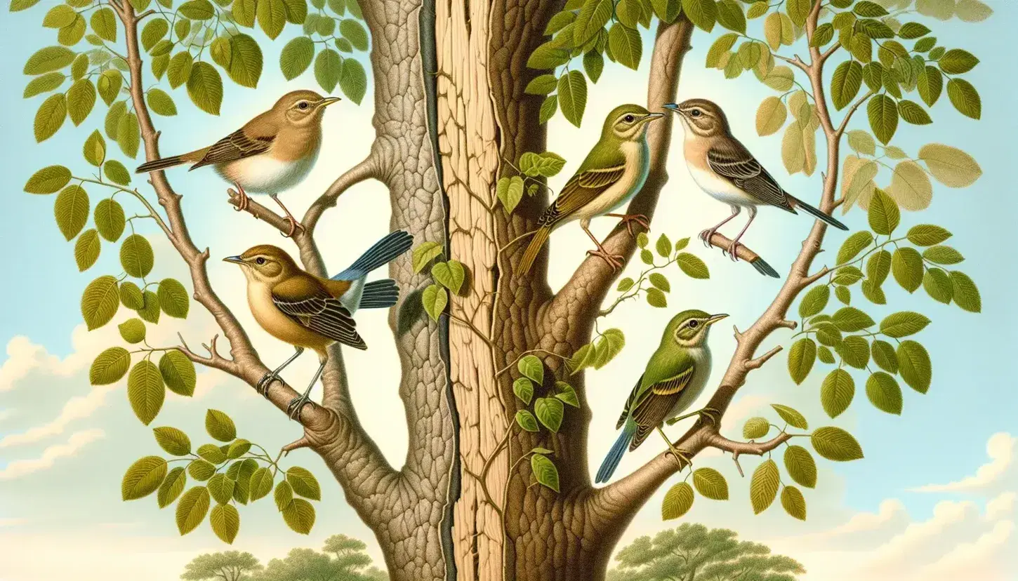 Two bird species on separate branches illustrate prezygotic barriers, with one pair showing brown-cream plumage and the other gradient green feathers.