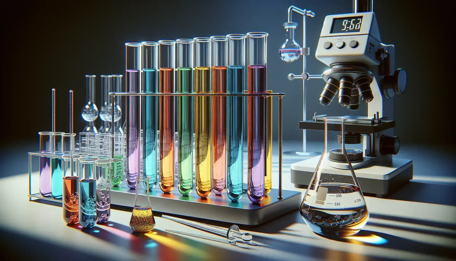 Laboratorio scientifico con provette contenenti liquidi colorati in gradiente, bilancia analitica, microscopio e pipette.