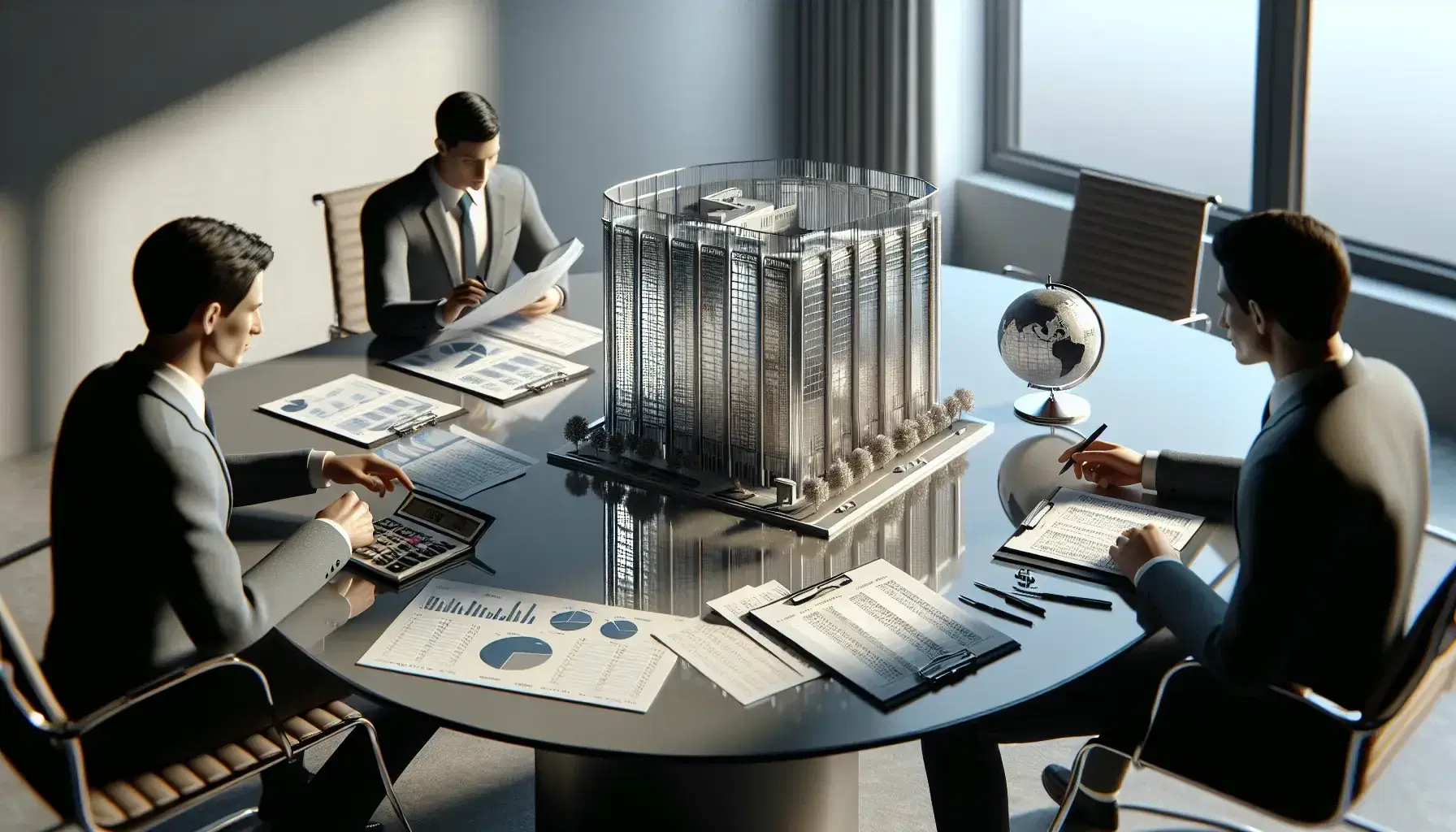 Three professionals in a well-lit conference room analyze data and financial documents, with a detailed silver model building and a globe on the table.