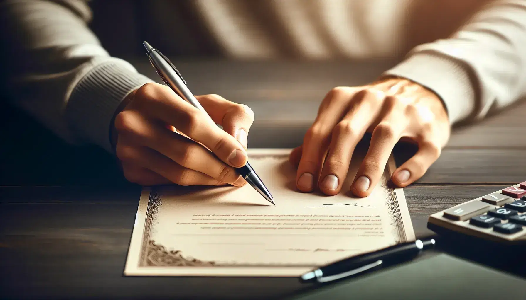 Close-up view of hands poised to sign a blank promissory note with a silver pen on a wooden desk, beside a calculator and green ledger.