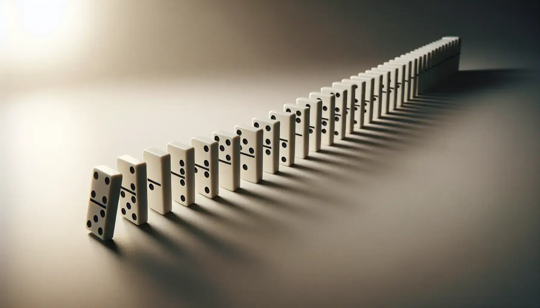 Series of white dominoes lined up on matte surface with the first one starting to fall, triggering chain reaction, neutral background, light shadows.