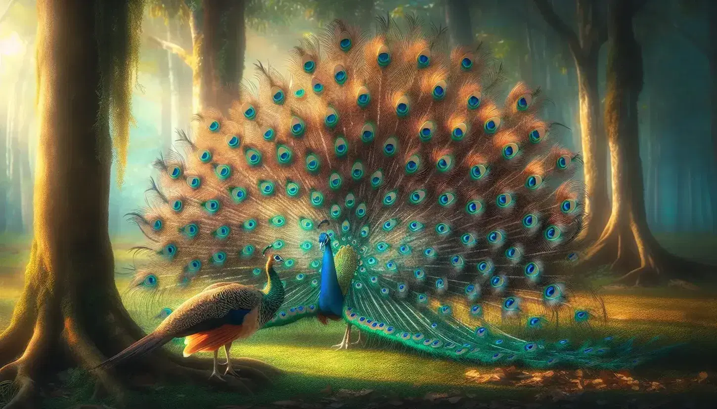 Peacock with iridescent tail feathers fanned out in a display to a peahen in a sun-dappled woodland clearing, highlighting natural beauty and courtship.