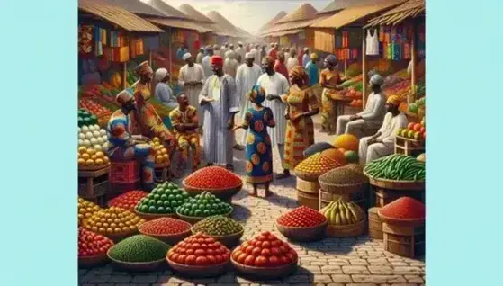 Vibrant Francophone African market scene with locals in traditional attire, fresh produce on display, and handcrafted goods under a clear blue sky.
