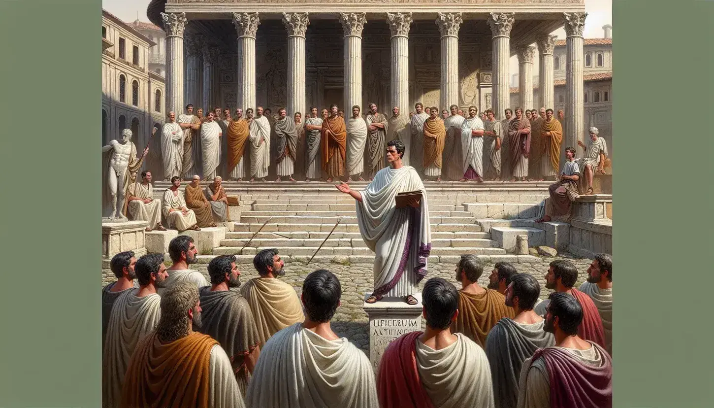 Scena del Foro Romano con figura centrale in toga che sembra oratore, circondato da ascoltatori attenti e uomini in discussione con tavolette cerate.