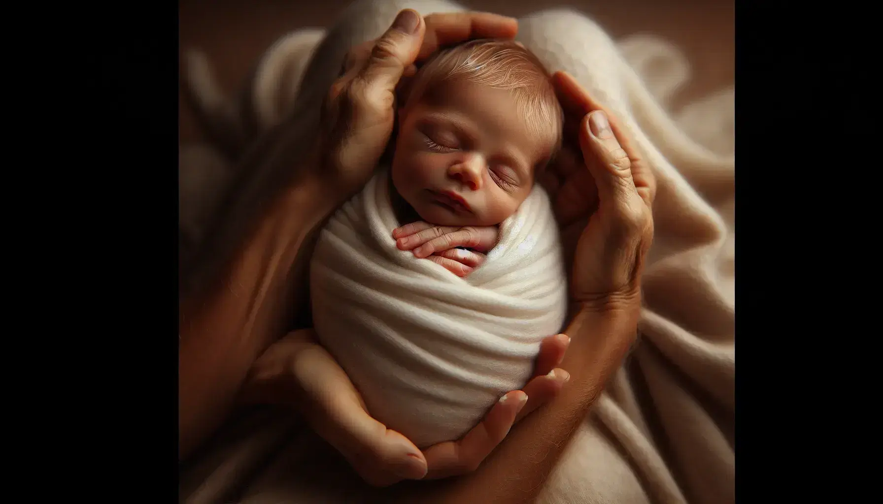 Neonato avvolto in una coperta bianca riposa nelle braccia protettive di un adulto, con sfondo sfocato e illuminazione naturale.