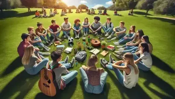 Grupo de adolescentes diversos sentados en círculo en el césped con un balón de fútbol, libros, auriculares y una mochila, disfrutando de una tarde al aire libre.