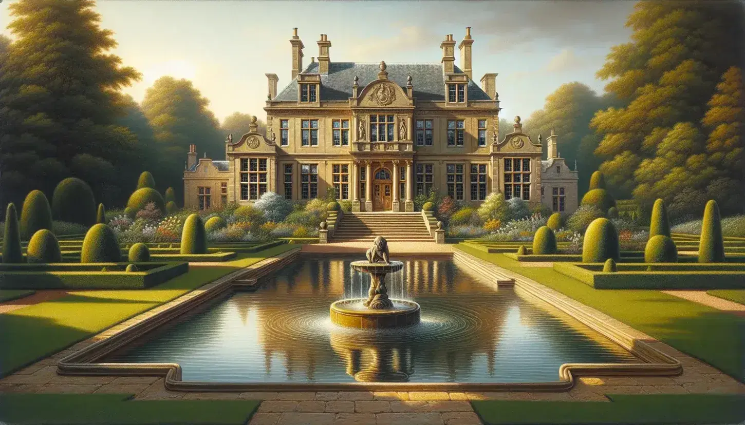 Early 20th-century English country estate with classical architecture, manicured gardens, a central fountain, and a clear blue sky.