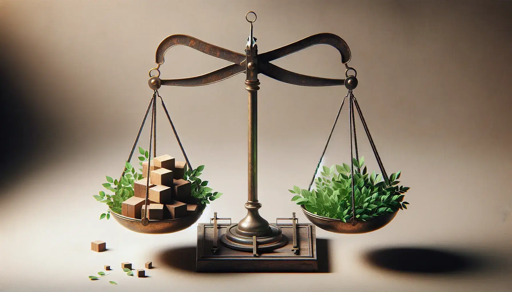 Bilancia antica in equilibrio con foglie verdi su un piatto e blocchi di legno sull'altro, su sfondo neutro.