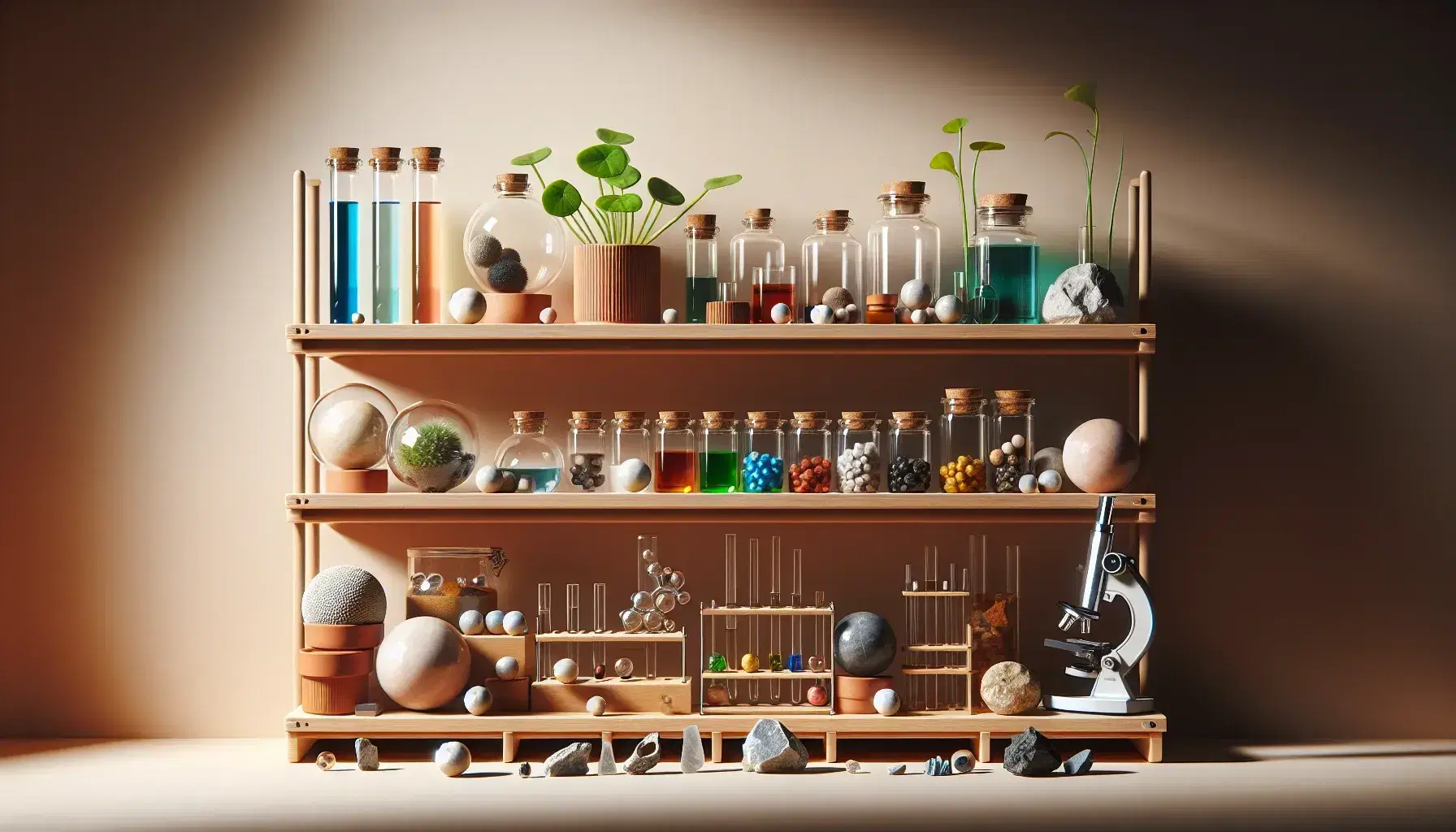 Estante de madera con esferas decorativas, frascos de vidrio con líquidos coloridos, planta en maceta y microscopio, junto a colección de rocas y minerales.
