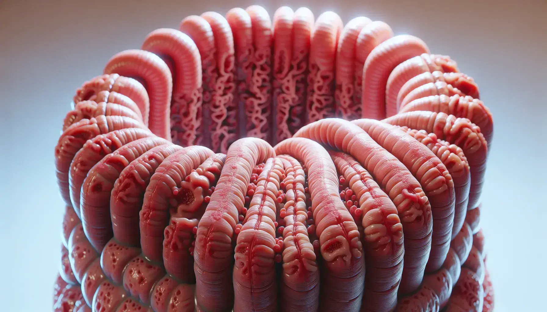 Sección transversal detallada de un intestino humano mostrando villi intestinales y textura de la mucosa en tonos realistas de rosa y rojo.
