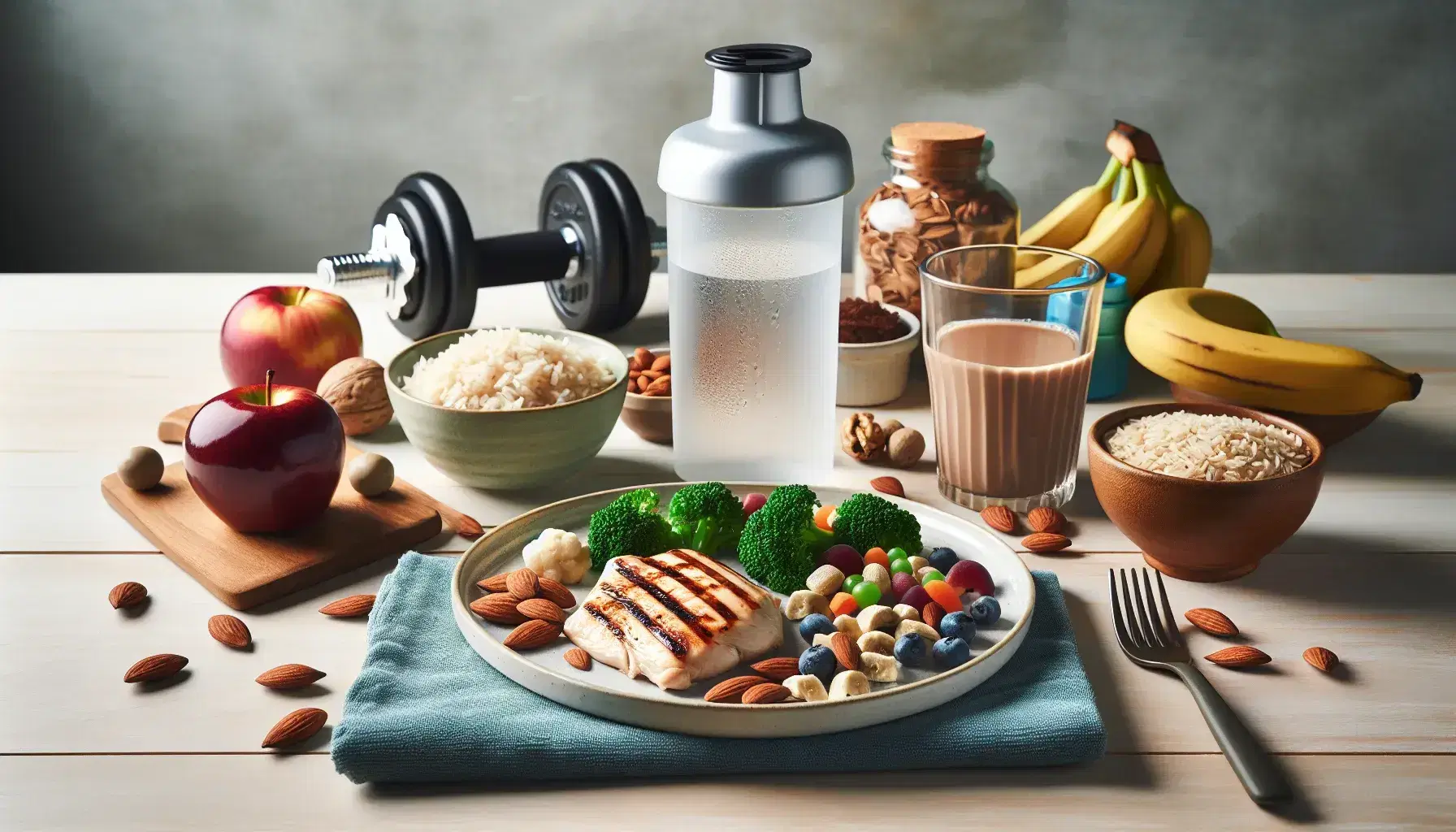 Mesa de madera con comida saludable y accesorios de nutrición deportiva, incluyendo pollo a la parrilla con arroz y brócoli, frutas frescas, frutos secos, botella de agua y pesa.