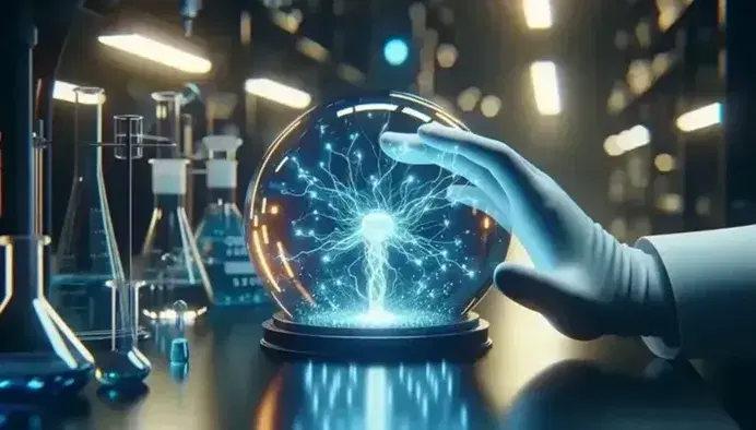Globo di vetro con scintille blu in laboratorio scientifico, mano guantata interagisce con l'elettricità statica, sfondo sfocato con strumenti di laboratorio.