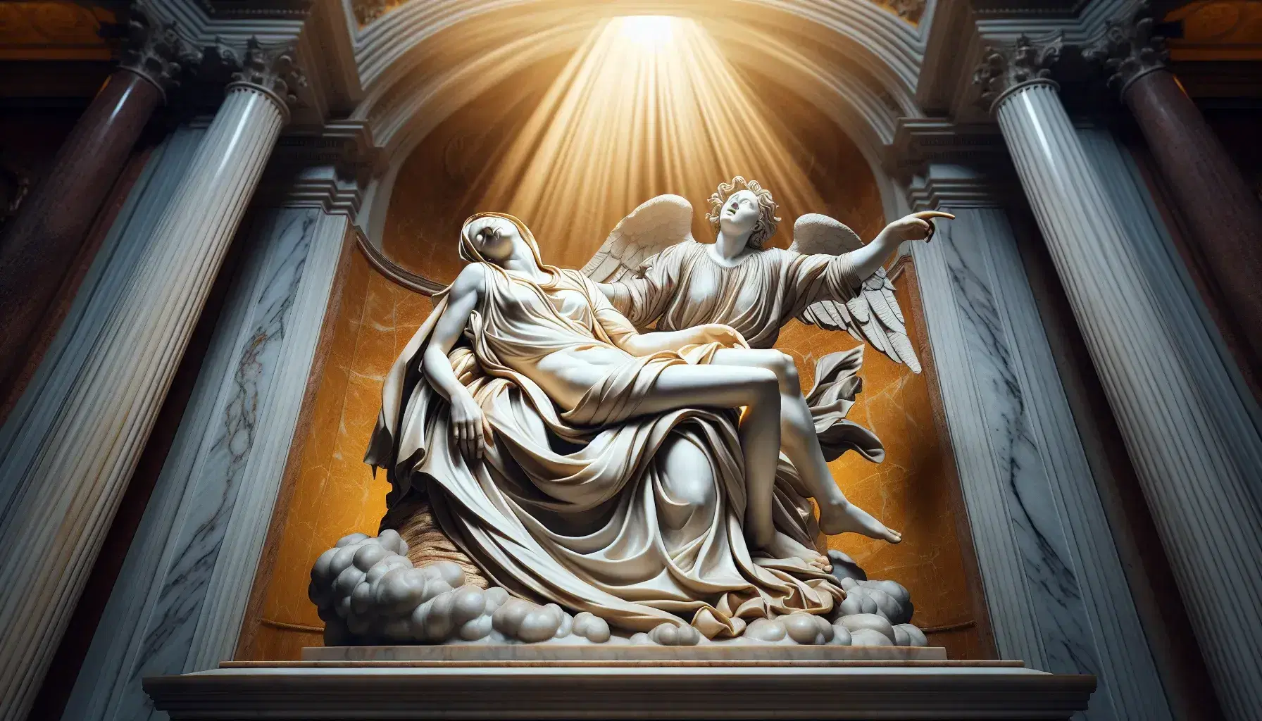 Scultura marmorea dell'Estasi di Santa Teresa di Bernini con angelo e freccia dorata, raggi luminosi e dettagli architettonici nella Cappella Cornaro.