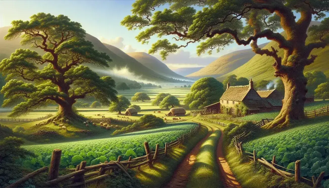 Lush valley with a dirt path, green crops, oak trees, rustic farmhouse with smoke from chimney, grazing sheep, and misty mountain backdrop.
