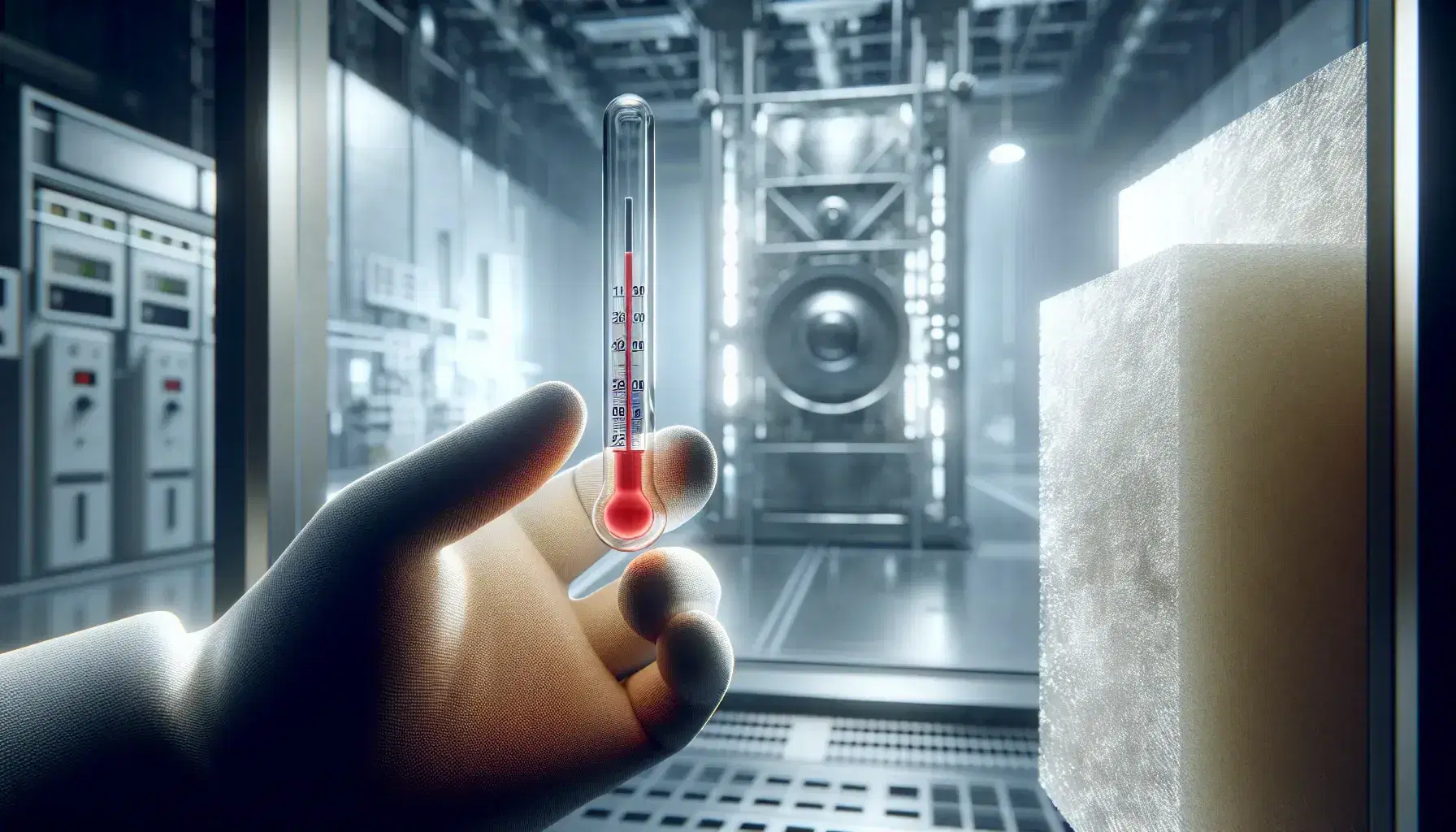 Mano sosteniendo termómetro de vidrio con líquido rojo en laboratorio, con fondo desenfocado y materiales aislantes y metálicos a los lados.