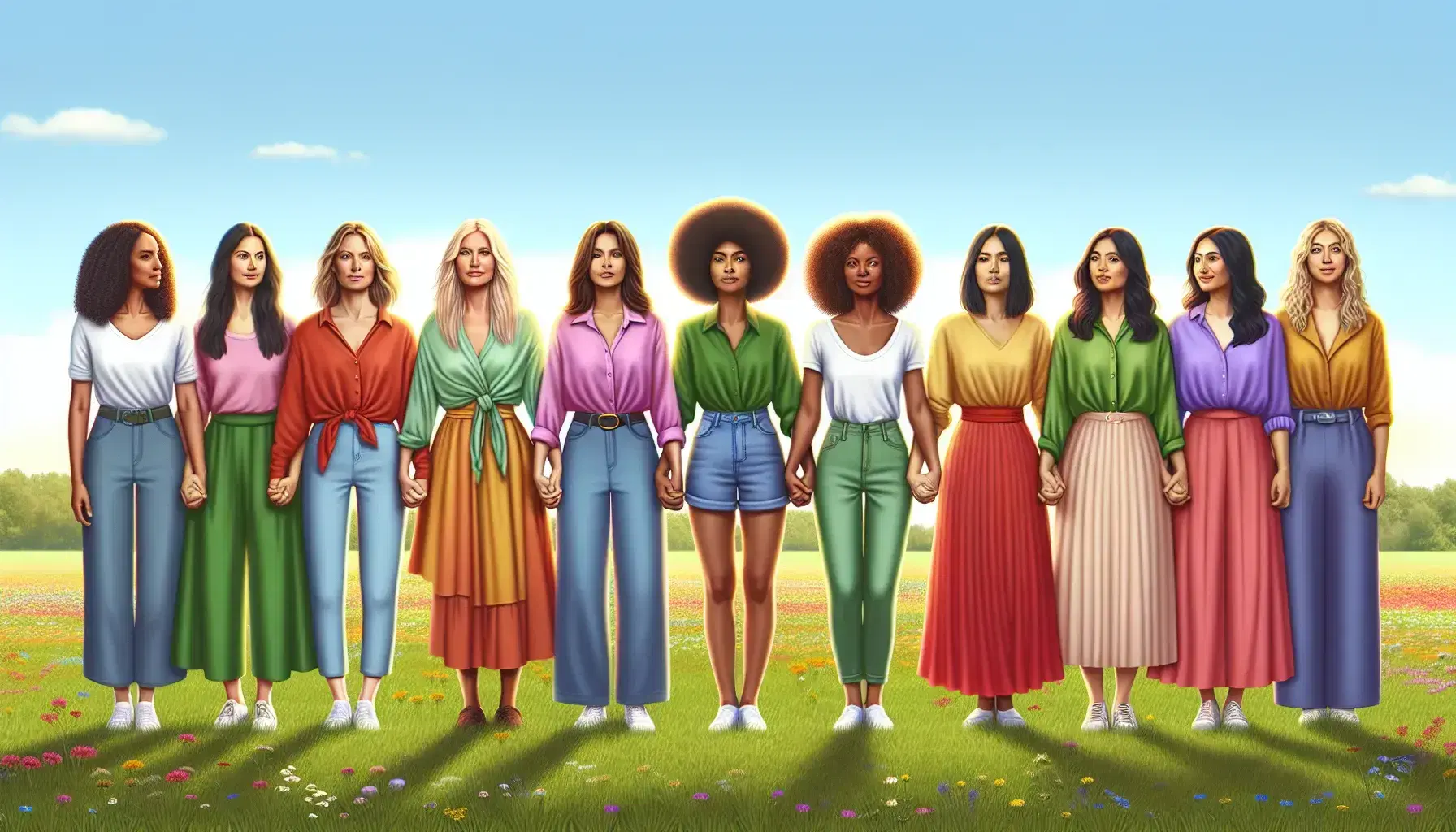 Diverse group of eight women of various ethnicities standing together outdoors, united with arms around each other against a clear blue sky.