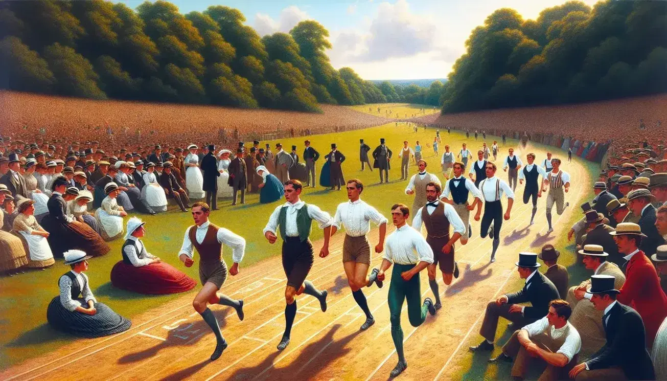 Atleti in abbigliamento d'epoca corrono su pista di terra in gara di atletica all'aperto, circondati da spettatori entusiasti in un campo verde.