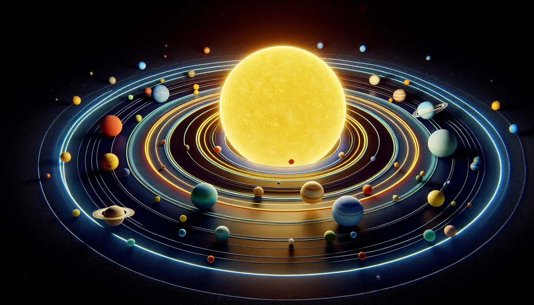 Modelo tridimensional del sistema solar con el sol en el centro, planetas en órbitas concéntricas y fondo estrellado.