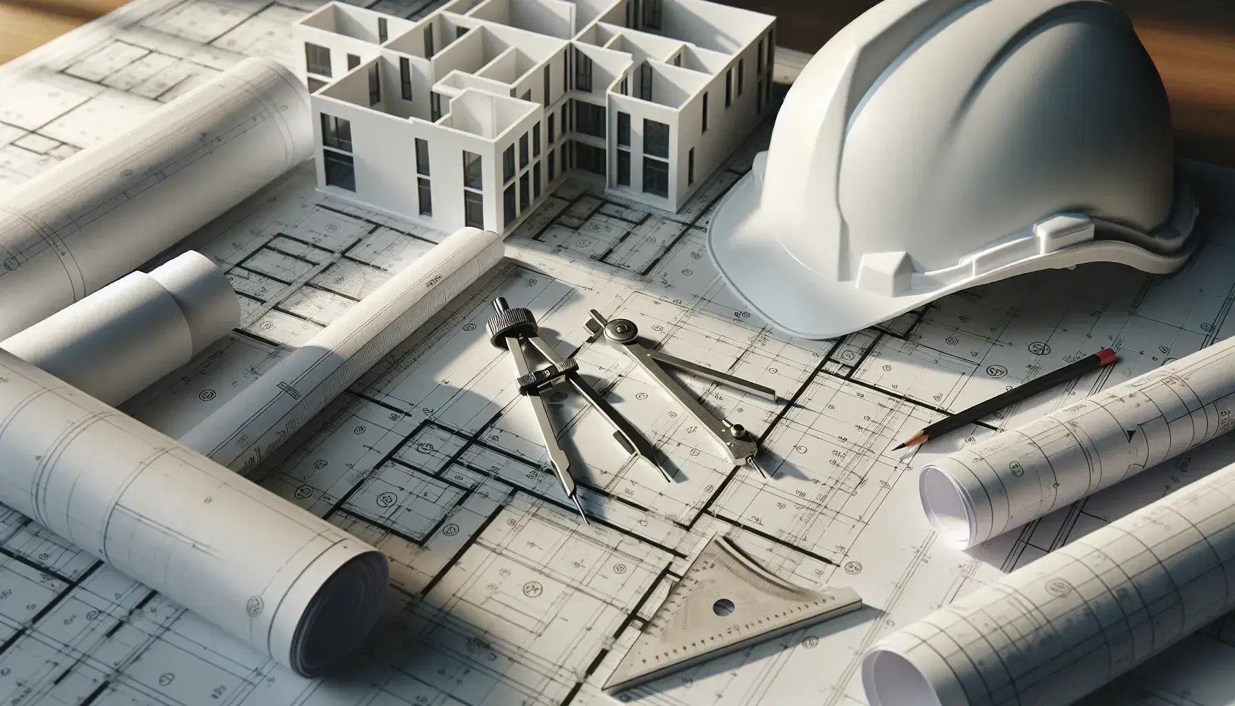 Casco de seguridad blanco sobre planos arquitectónicos con escuadra de madera y compás metálico, modelo arquitectónico al fondo bajo luz natural.
