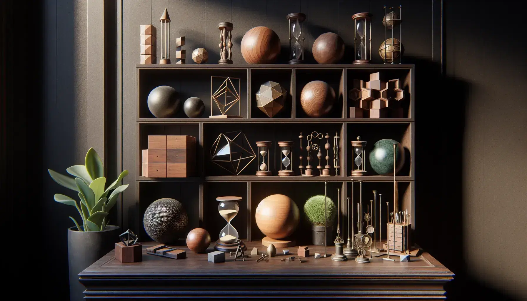 Estante de madera oscuro con esferas de diversos materiales, cubos geométricos, relojes de arena, plantas en macetas y antiguos instrumentos de medición iluminados por luz natural.