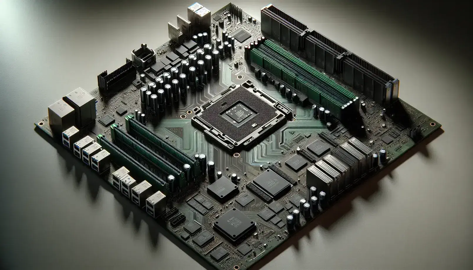Placa base de computadora con procesador central, capacitores cilíndricos, módulos de RAM en bancos de memoria y ranuras de expansión en superficie de trabajo neutra.