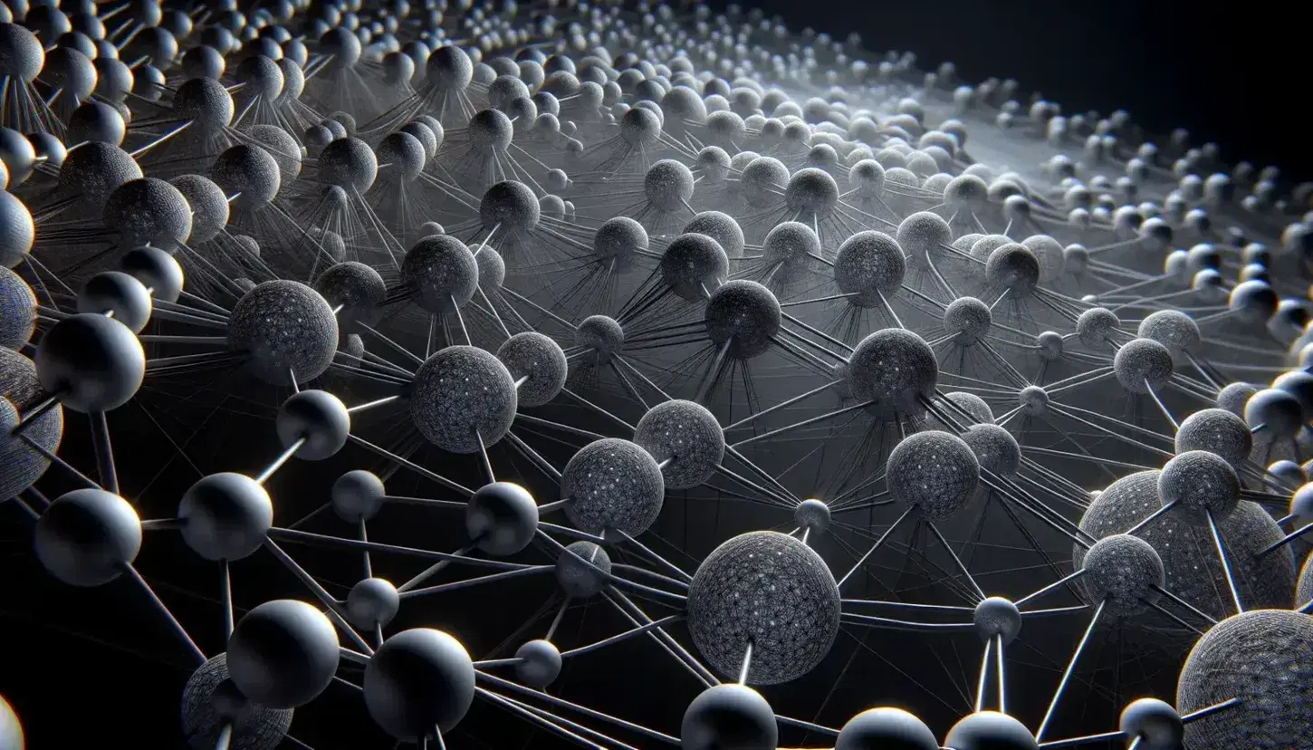 Complex three-dimensional reticular structure with spherical nodes connected by cylindrical rods on a black background, metallic reflections and soft shadows.