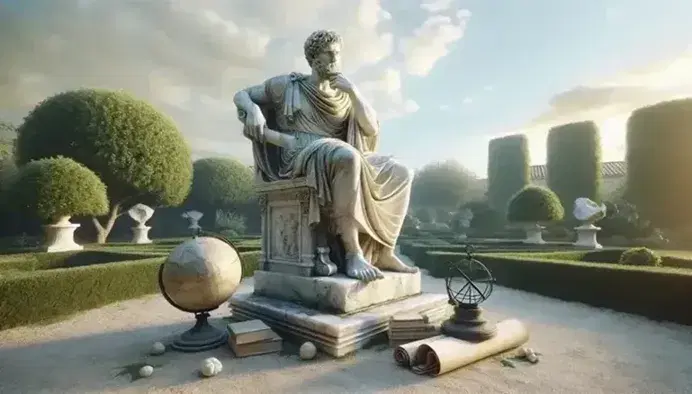 Statua marmorea di filosofo stoico in posa riflessiva con papiro, circondata da giardino curato, oggetti filosofici su tavolo e cielo sereno.