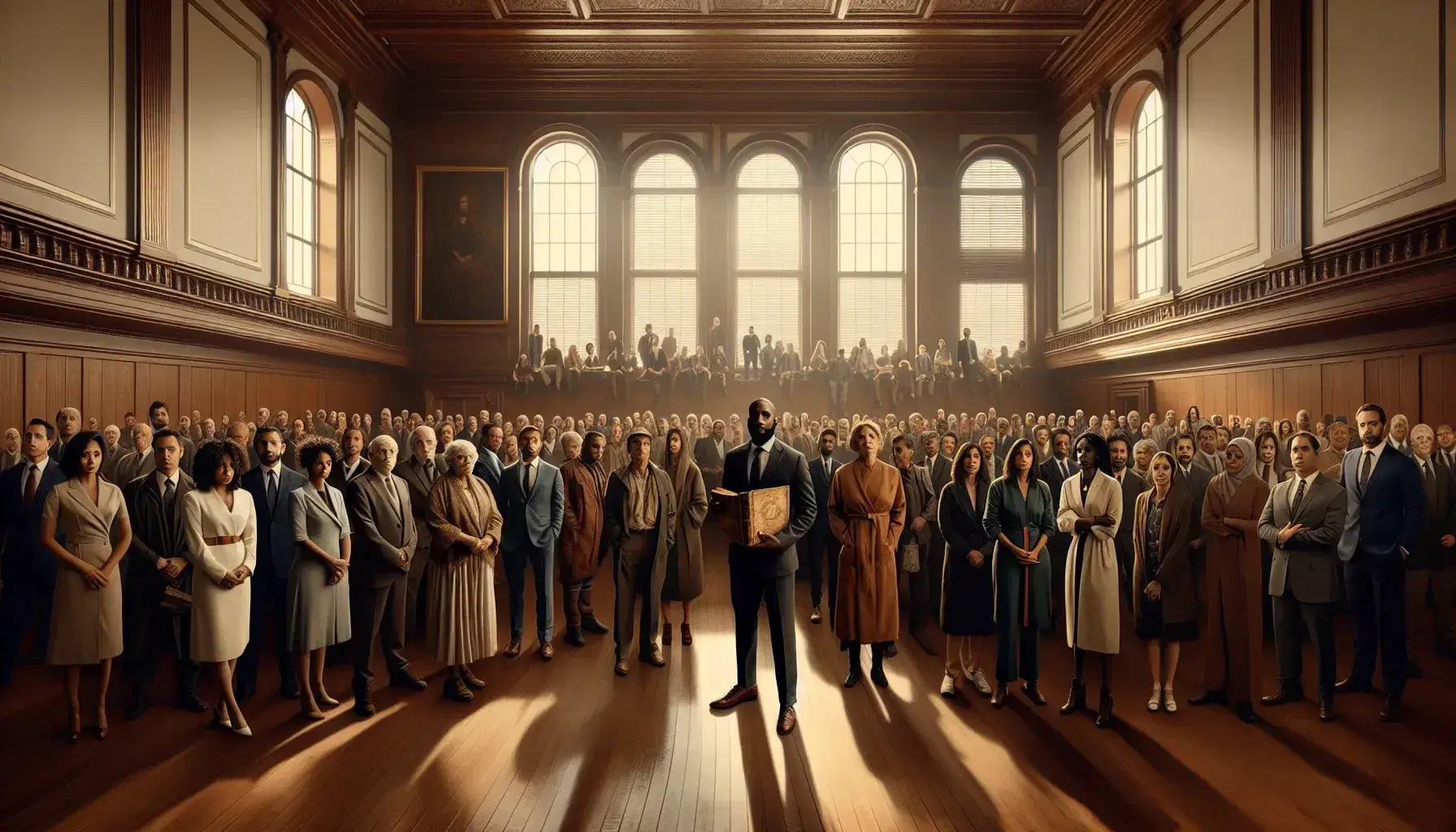 Multi-ethnic group in a courtroom-like room with old books, lit by large windows, reflects seriousness and history.