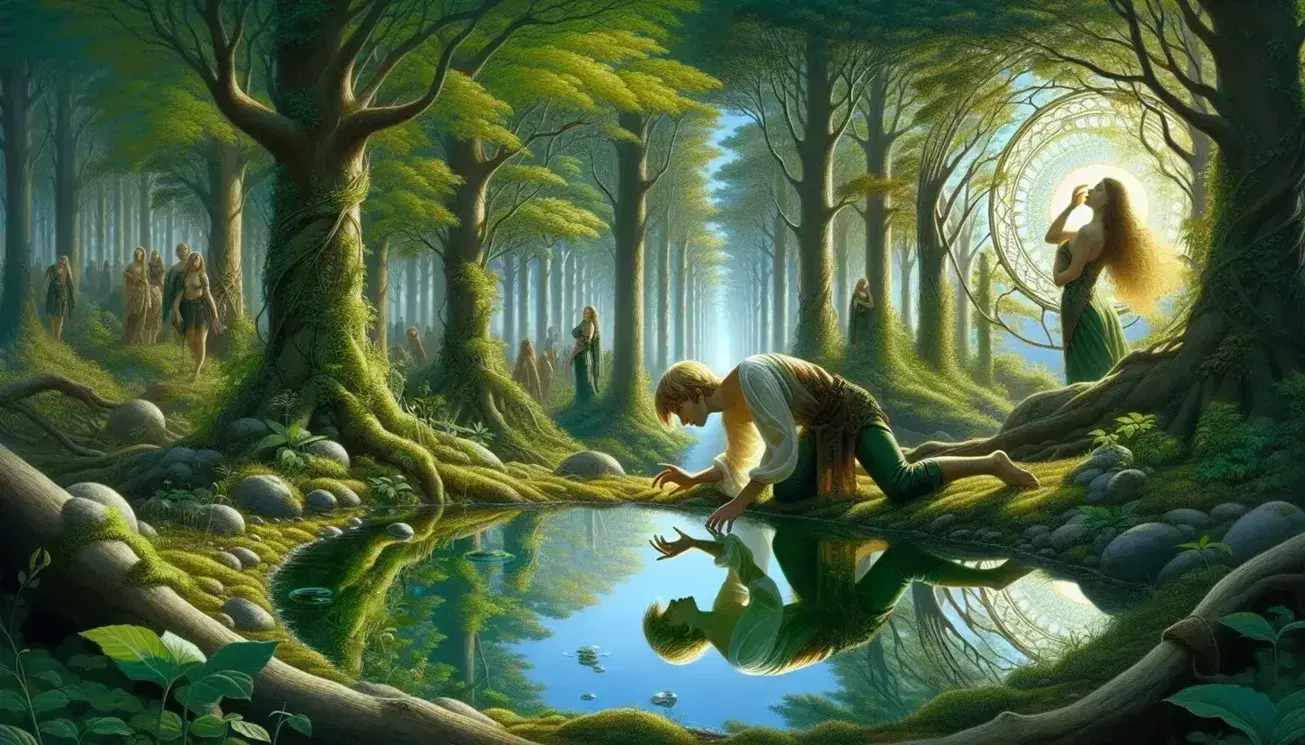 Giovane uomo dai capelli dorati si specchia in un lago forestale, mentre una donna osserva nascosta, in un ambiente naturale ricco di verde e luce.