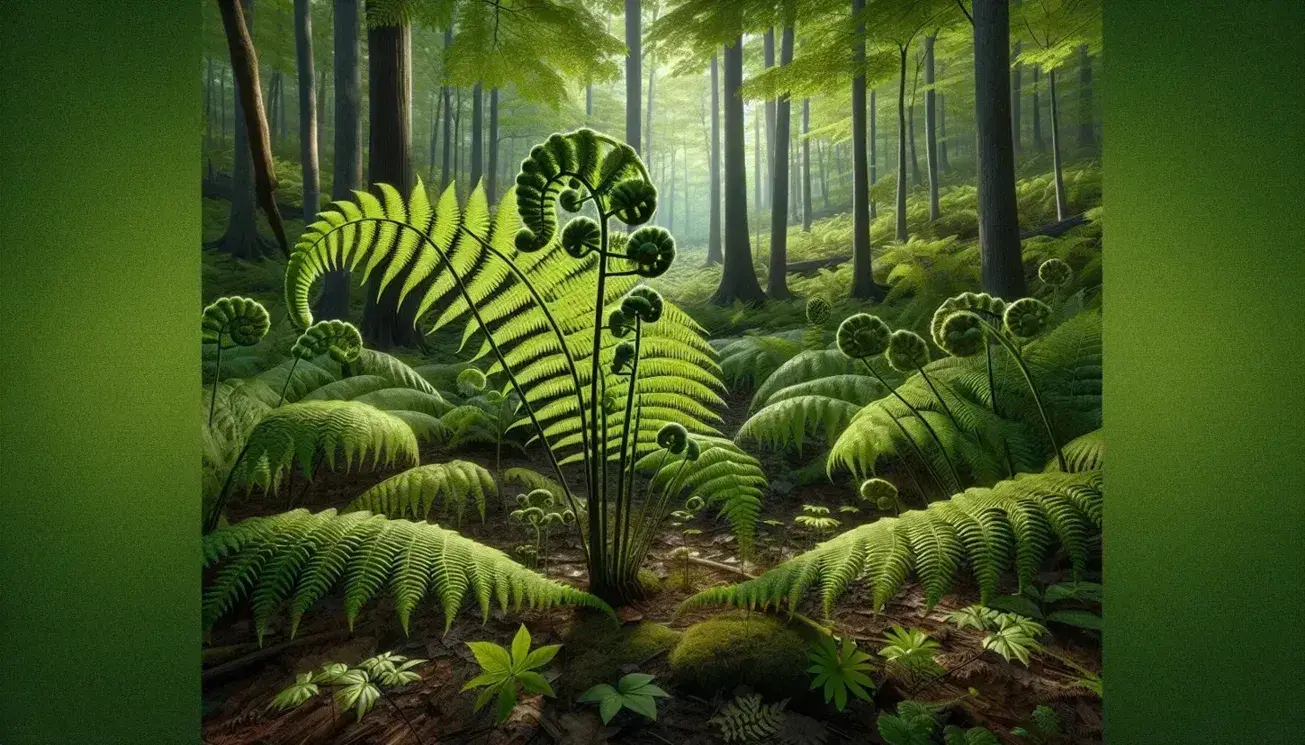 Lush forest landscape with vibrant green ferns, spiraled fiddleheads, dappled sunlight, tall trees, and a serene meandering stream.