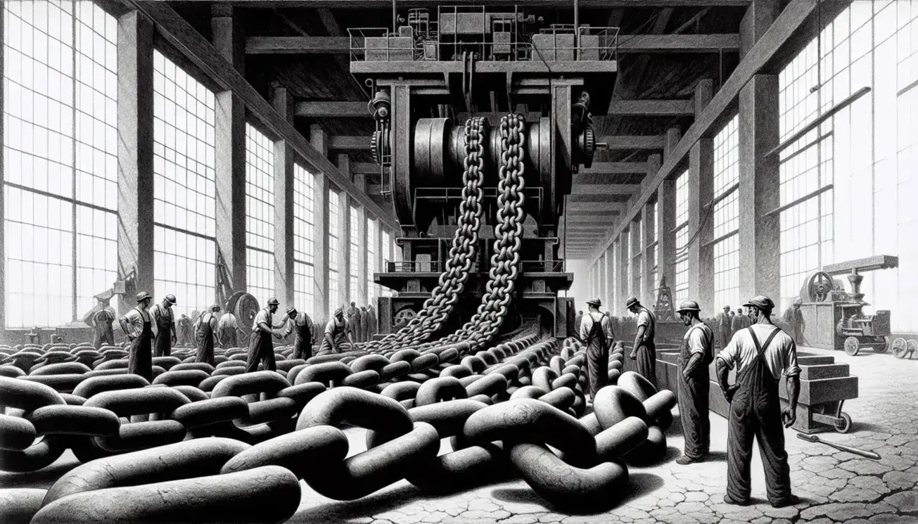 Rusty chain in the foreground with workers in work clothes and helmets in an industrial factory with narrow windows and gray light.