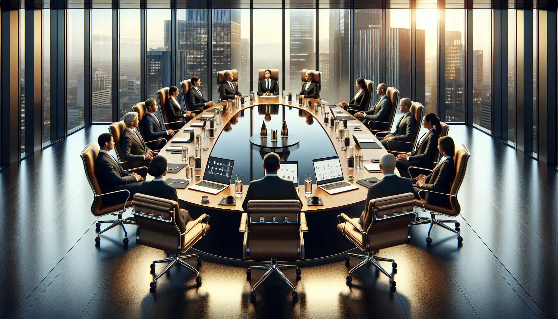 Diverse corporate team engaged in a meeting around a polished oval table in a boardroom with cityscape views at sunset.