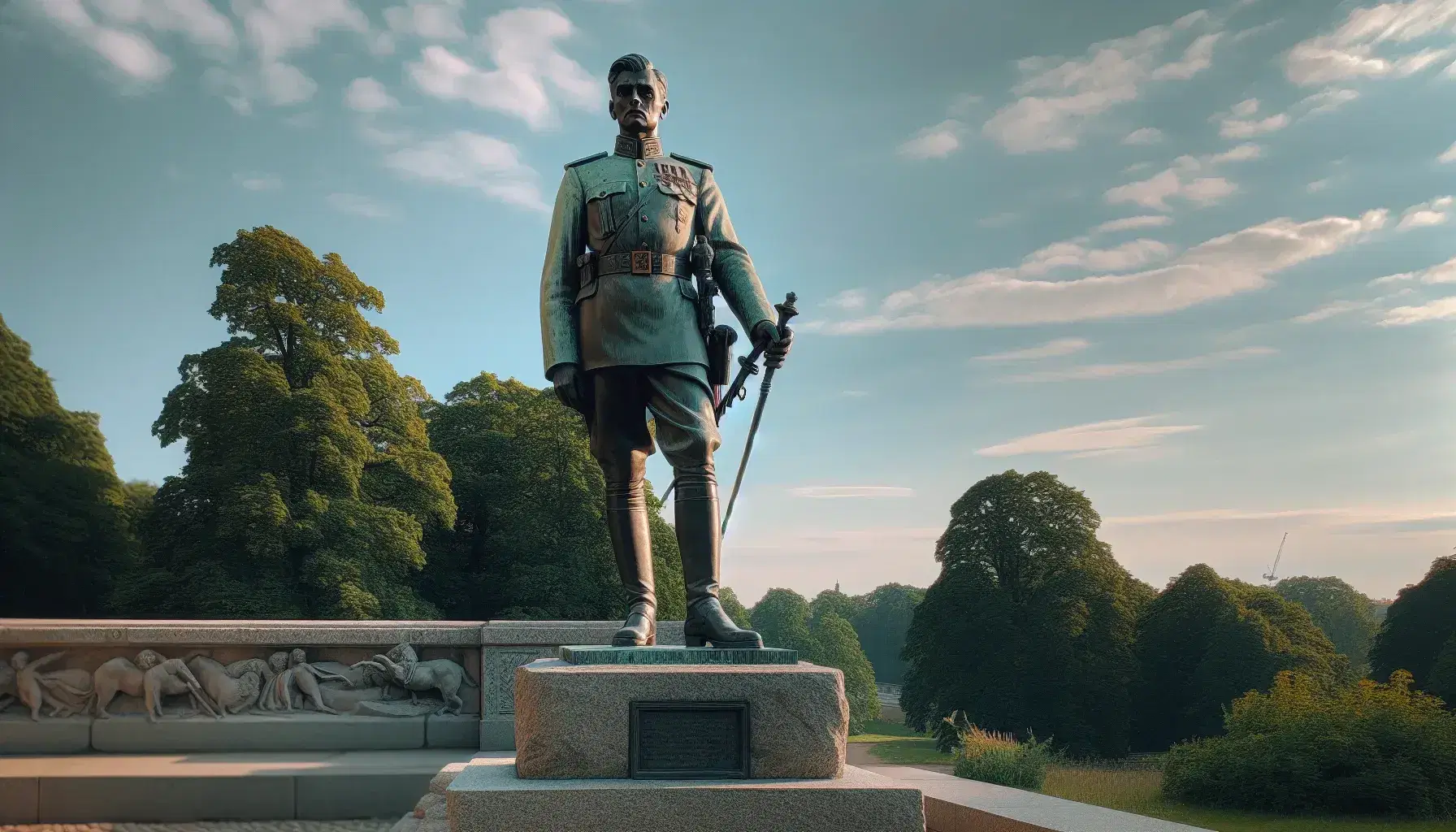 Estatua de bronce de hombre en uniforme militar del siglo XX, de pie con bastón, en pedestal de piedra, rodeado de vegetación en parque bajo cielo azul.