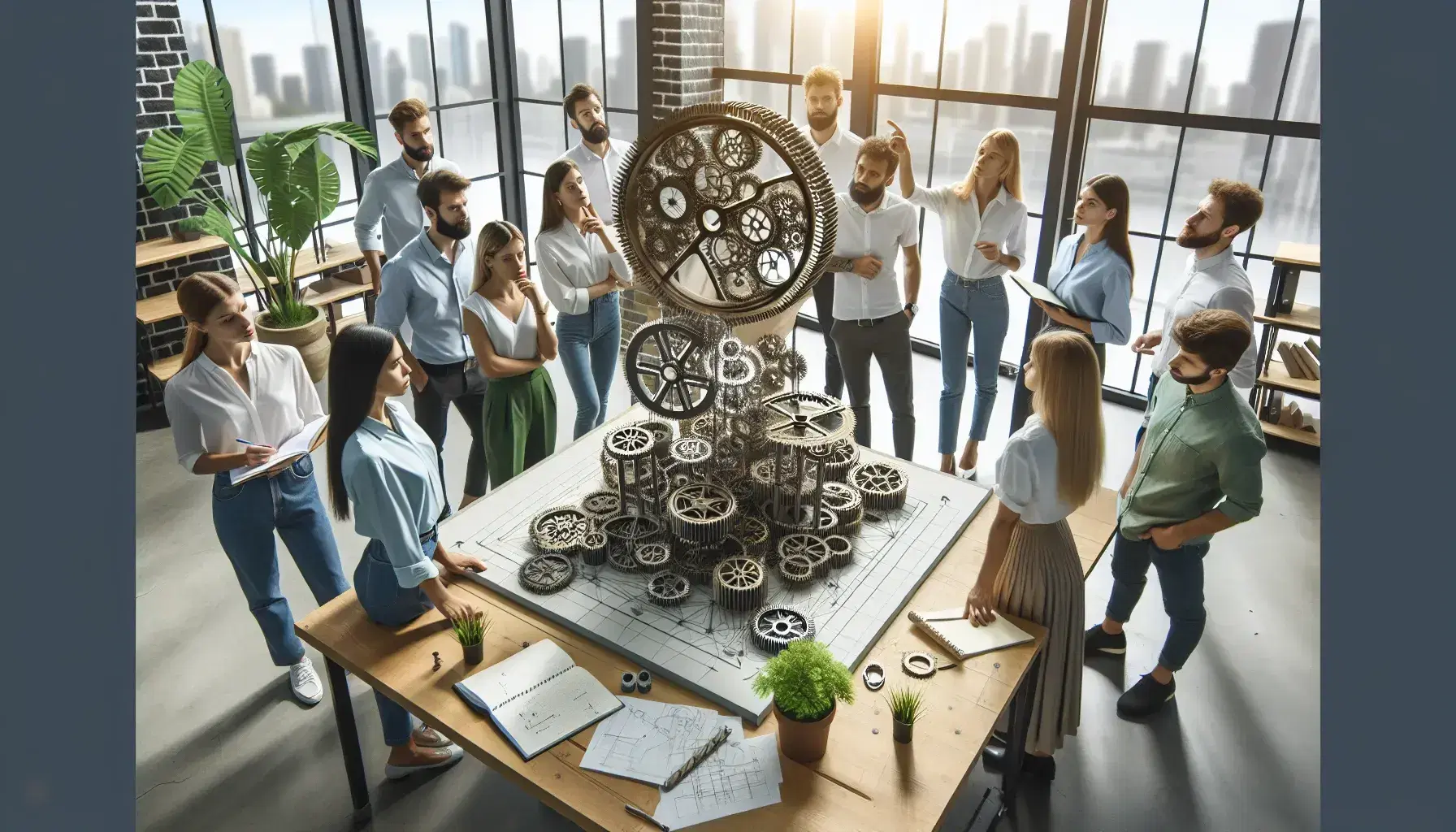 Grupo diverso de profesionales analiza modelo tridimensional de engranajes mecánicos en una sala iluminada naturalmente, con planta de interior y colaboración activa.