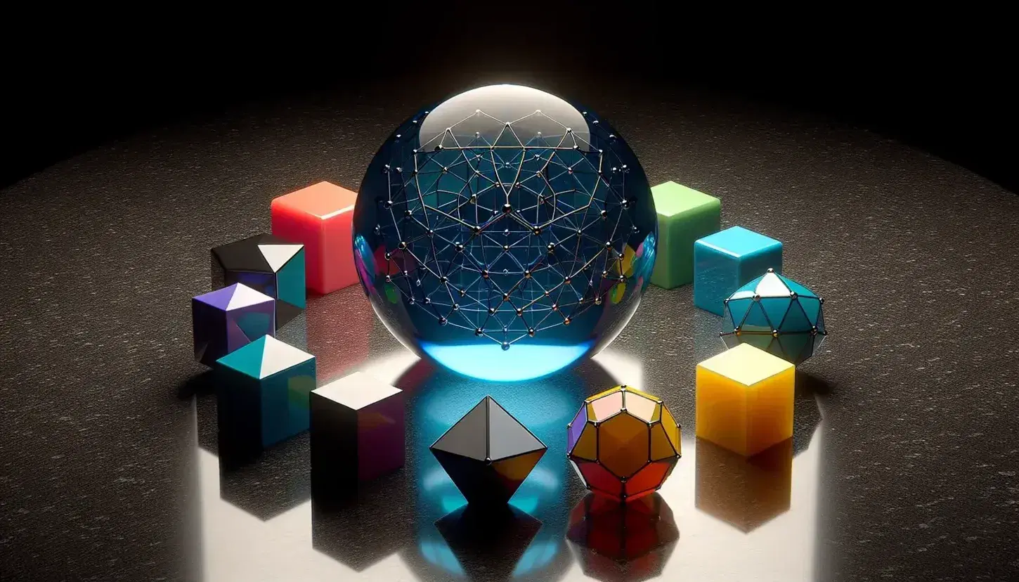 Polished black granite surface with colorful geometric shapes including a translucent blue sphere, red cube, green tetrahedron, and more.